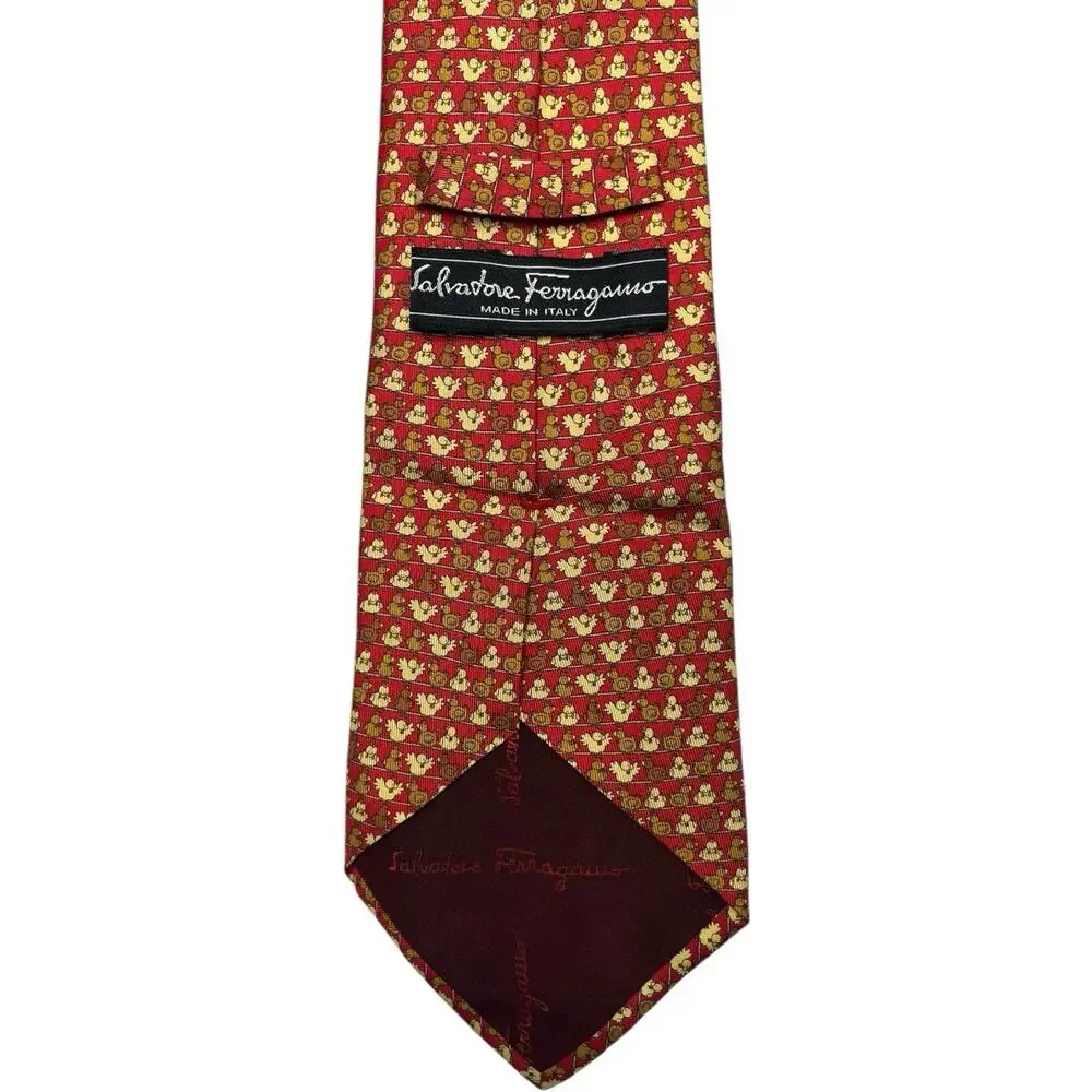 Vintage Salvatore Ferragamo Necktie Mens Red Silk Chicken Novelty Italy Designer